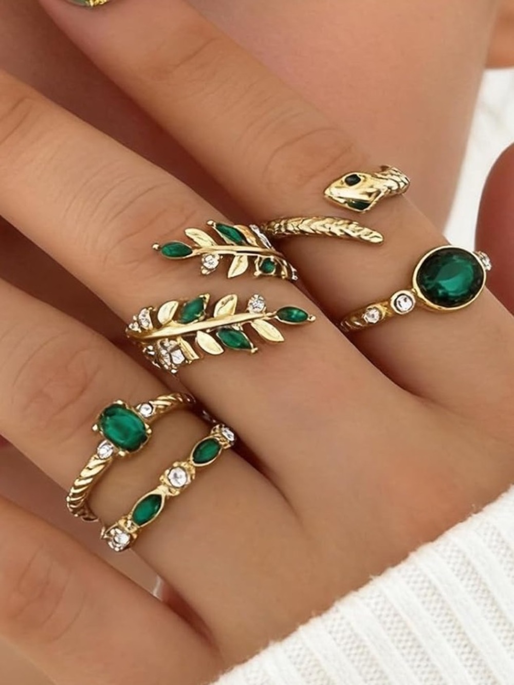 Anthropologie Gold Stackable Rings with Emerald Green Stones - Picture 6 of 6
